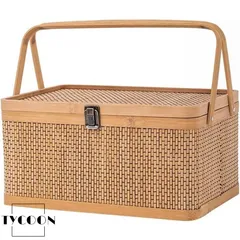 ピクニックバスケット 竹籠 花かご 竹かご 収納ケース 編まれた 天然素材 蓋付きバスケット バスケット ランチバスケット 大容量 収納バス