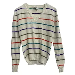 アクリルニット セーター レディース M ホワイト マルチカラー プルオーバー Ｖネック ボーダー 総柄 古着卸 アメリカ仕入 a703-6009