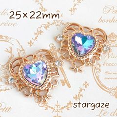 【 2個 】 25×22mm ハートセンターパーツ ストーン ビジュー ヴィトレイルライト×ゴールドフレーム