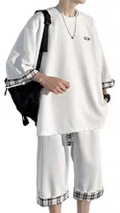 002#：ホワイト_2XL [Firome] スポーツウェア tシャツ メンズ 半袖 夏服 セットアップ メンズ ジャージ メンズ 上下 大きいサイズ ゆったり 七分袖 スウェット メンズ 上下セット おしゃれ チェック カジュアル 部屋着 White 2XL
