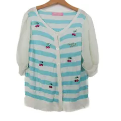 メゾピアノ カーディガン トップス 五分袖 ボーダー柄 チェリー キッズ 女の子用 Mサイズ 白×水色 Mezzo Piano 【中古】