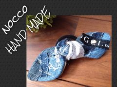 №666【DENIM✖️Ribbon hair tie❤️】👖デニムリメイク ヘアゴム✨英字タグ♫