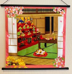 お雛様飾り【3月 みけとお雛様】軸付きタペストリー お雛様壁飾り 雛祭り ひな飾り 猫壁飾り 女の子初節句 女の子誕生祝い 三毛猫 新品未使用品 日本製