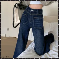 送料無料 デニム ストレートパンツ ジーンズ 韓国お洒落 ハイウエストデニムパンツ レディース フロントポケット ウォッシュ加工デニム 体型カバー美脚脚長 大人カジュアルレトロデニム着やせ アメカジ ボトムス ストリートジーパン