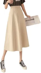 3MDGHD レディース スカート ミモレ 丈 フレア 無地 シンプル aライン 人気 定番 脚長 ウエスト ゴム おしゃれ かわいい(ホワイト,  L)