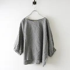 サマンサモスモス Samansa Mos2 SM2 リネン混袖口ギャザーTブラウス F/ブラック ギンガムチェック ドルマンスリーブ【2400014440515】