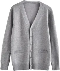 FUPUONE カーディガン スクール 女子 制服 長袖 無地 Vネック ニット 大きいサイズ(グレー,  M)