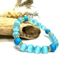 キャッツアイ(ライトブルー)×ターコイズ パワーストーン ブレスレット  (ゴールド) メンズ・レディース　男性・女性　数珠ブレス 開運 [23]　#1