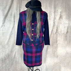 トラッド系　ニットセットアップ　長袖　ひざ丈　ワンピース　ベスト　チェック　日本製　ウール ピンク　ネイビー