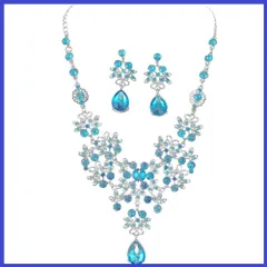 ピアス 2点セット ウエディング 結婚式 ネックレス パーティー 発表会 花びら ブライダル ラインストーン [EXCEART] 花嫁 ジュエリーセット クリスタル ブルー