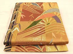 平和屋着物◎六通柄袋帯　唐織　片輪車笹の葉文　金糸　正絹　逸品　BAAQ4248du