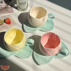 セット、チューリップティーカップとソーサー、花の形をしたセラミックコーヒーカップとソーサープレート、朝食、ティーパーティー、アフタ