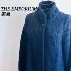 美品⭐️ ジ・エンポリアム THE EMPORIUM ニット コート アウター 羽織 スタンドカラー ハイネック ストライプ 水玉 ドット 立体感 ネイビー ツイード 花柄 裏地 総柄 デカボタン