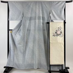 小紋 身丈160.5cm 裄丈67cm M 袷 名古屋帯セット ますいわ屋 斜縞 幾何学 水色 正絹 秀品 【中古】