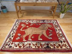 母の日限定】ペルシャ オールドギャッベ　アマレバフト ラグ　115x95cm　ライオンギャッベ　赤色　PS8774