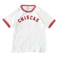 M 60s 70s ヴィンテージ リンガーTシャツ フロッキープリント コットン ジャストサイズ シングルステッチ CHISCAS アーチロゴ ホワイト レッド