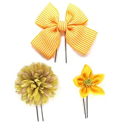 髪飾り リボン ３点セット 黄色 成人式 花 振袖 つまみ細工 前撮り ちりめん 縞 ストライプ ボーダー 造花 かんざし 和装 日本製 入学式 結婚式 入学式 入園式 卒園式 卒業式 七五三 袴 簪 イエロー W 28 323-290 u801　Si