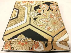 平和屋着物◎六通柄袋帯　唐織　更紗花文　黒地　金糸　正絹　逸品　AAAU9931yx