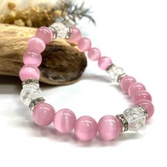 キャッツアイ(ピンク)×クラック水晶パワーストーン ブレスレット  (シルバー) メンズ・レディース　男性・女性　数珠ブレス 開運 [23]