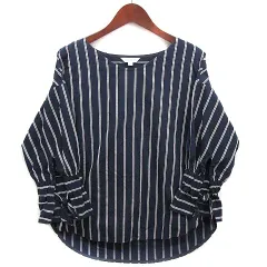 ナラカミーチェ NARA CAMICIE コットン ドロップショルダー ブラウス ストライプ 七分袖 プルオーバー ネイビー 紺 1 日本製 30-91-02-956のサムネイル