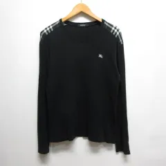 バーバリーブラックレーベル BURBERRY BLACK LABEL 長袖 Vネック Tシャツ カットソー 2 黒 ブラック ホース刺繍 肩チェック柄 日本製 正規品