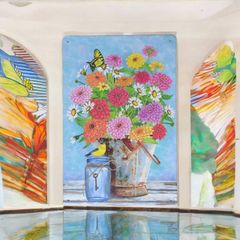 ブリキ看板 FT006 水色 バケツ パネル 看板 壁掛け ウェルカムボード 花 フワラー 植物 カラフル レトロ プレート ガーデニング インテリア おしゃれ 玄関 庭 ウエルカムボード デザインプレート ブリキプレート 薄型 軽量 カフェ アクセント