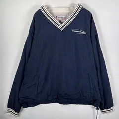 古着 チャンピオン Champion ナイロンプルオーバー Vネック 刺繍ロゴ 袖リブ付き ドローコード XXL  ネイビー メンズ