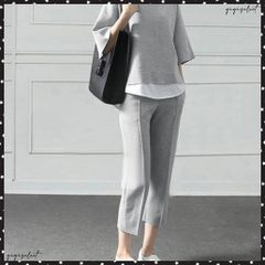 セットアップ レイヤード風カットソー春夏 重ね着風トップス シンプル 7分袖スウェットトップス 七分丈センタープレスパンツ 大人カジュア２点セット ゆったり韓国風 テーパードパンツ夏 ワンマイルウェア秋 きれいめセット無地