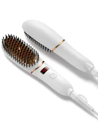 ヘアアイロン ブラシ型 ヒートブラシ 5段階温度調整 120~220℃ 30秒急速加熱 高濃度マイナスイオン ふんわりストレート ツヤ髪 30min自動電源オフ 火傷防止 ストレートブラシ ナチュラル仕上がり 静電気防止 プロ仕様 ブラシアイロン （白）