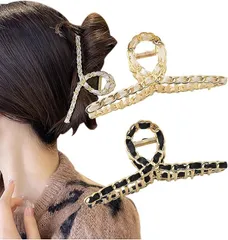 Herbeluemily(ハベルミリィ) ヘアクリップ ヘアクロー ダッカール バンスクリップ 髪留め ゴールド リボン 2個セット(オフホワイト+ブラック)