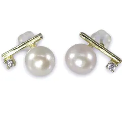 【新品】 淡水本真珠ピアス トレンドラインバーデザイン ゴールドメタルCジルコニア入り 1