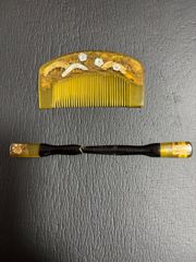櫛　笄セット　和装小物　ベッコウ螺鈿蒔絵　鶴花御所車紋様　k62302