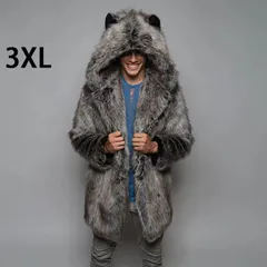 メンズファーコート ロングコート 毛皮コート フード付き 厚手上着 ジャケット 暖かい 冬物 フェイクファー カジュアル 欧米風 カジュアル 大きいサイズ お兄系 グレー 3XL