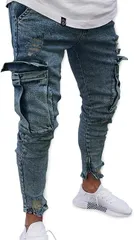 LUXIA FILL ルクシア フィル メンズ ジーンズ デニム カーゴ ウォッシュ スキニー パンツ 作業 ズボン ダメージ( ブルー（ダメージ）,  L)