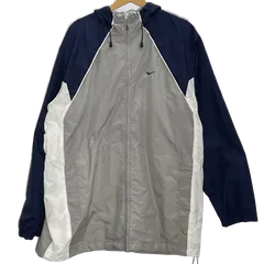 00's NIKE/00年代 ナイキ ナイロンジャケット ウインドブレーカー フード ライトアウター ドローコード ワンポイント刺繡 オーバーサイズ ビッグシルエット ベトナム製 メンズ XL ネイビー/ホワイト/グレー