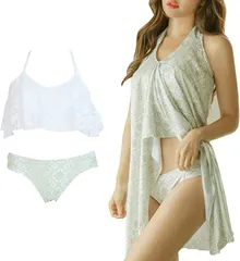 RONGUI 水着 レディース 体型カバー ビキニ ワンピース 3点セット ホルターネック ママ水着 スイムドレス( カーキ,  L)