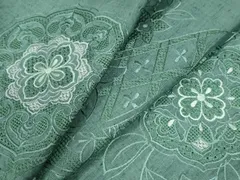 平和屋着物●中国三大刺繍　スワトウ刺繍　総刺繍　訪問着　紬地　道長吉祥草花文　木賊色　正絹　逸品　CAAW7215yc 平和屋着物○中国三大刺繍 スワトウ刺繍 総刺繍 訪問着 紬地 道長吉祥