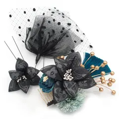 髪飾り ３点セット 京都 西陣 和小物 京あそび 成人式 花 黒 チュール パール 和風 浴衣 着物 振袖 袴 七五三 子供 キッズ ヘアアクセサリー コーム 髪留め 結婚式お呼ばれ 大きめ 日本製 送料無料 W 93 CM-4-811 w703　Si