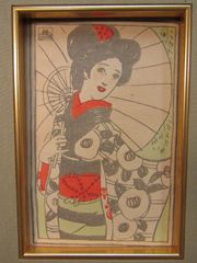 竹久夢二　木版画　「 和傘をさす女 」　額装品
