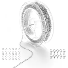 【在庫セール】アクセサリー用チェーン 長さ約5メートル 幅1.5mm ジュエリーチェーン チェーン 小豆タイプ リングチェーン ジュエリー用 クラフト手作り用品 DIY用 ハンドメイド アクセサリーパーツ 基礎パーツ ロブスター・クラスプ10個とジャンプ・リン