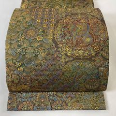 袋帯 美品 逸品 蝶 草花 刺繍 茶緑色 六通 正絹 中古 袋帯 美品 名品 落款あり 有職文様 やつ藤 刺繍 箔 灰緑 六通 正絹