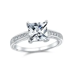 [Bling Jewelry] 古典的な伝統的なキュービックジルコニア 3CT スクエア AAA CZ プリンセス カット ソリテア エンゲージ リング女性 .925 スターリング シルバー ミルグレイン パーブ バンド