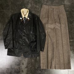 【JAPANESE VINTAGE】7点セット セレモニー シングルスーツ レザーテーラードジャケット セットアップ 上下 ジャケパン + KENZO 革手袋 ブラック系 成人式 卒業式 結婚式（ユーロピンズ＆シャツ＆ネクタイ＆レザーグローブ＆サングラス）
