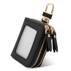 [Chillchi] スマートキーケース 2個収納 レディース メンズ 革 窓付き 車 カバー カラビナ付き クリア窓 ダブル スマートキーケース ファスナー 鍵 ダブルポケット ダブルファスナー