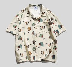 開襟シャツ インディアン 羽根飾り ネイティブ柄 ボーリングシャツ カジュアルシャツ アロハシャツ レトロ 半袖 メンズ キューバシャツ リゾート オープンカラー ミドル おしゃれ シニア 大人 40代 50代 60代 中高年 ロカビリー 夏