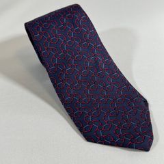 HERMES エルメス 紳士ネクタイ ネイビー×レッド 総柄 シルク100%