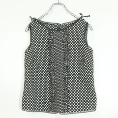 インゲボルグ★ドット柄ローンブラウス サイズM 黒×白系 ノースリーブ フリル&リボン♪z13031