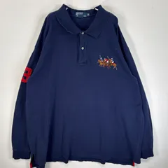 古着 90's/90年代 ポロバイラルフローレン Polo by Ralph Lauren 鹿の子 長袖 ポロシャツ 刺繍 ワッペン 2ボタン 大きいサイズ 4XB BIG  ネイビー 無地 メンズ