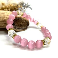 キャッツアイ(ピンク)×クラック水晶パワーストーン ブレスレット (ゴールド) メンズ・レディース　男性・女性　数珠ブレス 開運 [23]