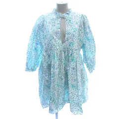 ザラ ZARA シャツワンピース ひざ丈 フリルスタンドカラー リボン 花柄 七分袖 M 白 ホワイト /AU